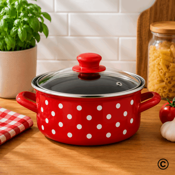 LONAC NISKI S POKLOPCEM 18 CM-2,25 L TOČKICA/CRVENA