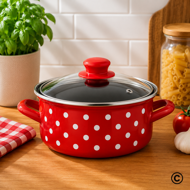 EM308818D LONAC NISKI S POKLOPCEM 18 CM-2,25 L TOČKICA/CRVENA